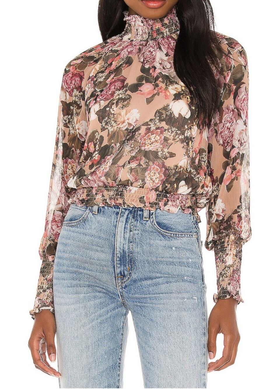 Amanda Uprichard Bentley Pink Floral Sheer Mock Neck Blouse Size Large- Romantic